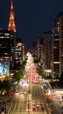 Sao Paulo Brezilya. Sao Paulo Brezilya şehir merkezinde, Paulista Bulvarı 'nda. Ulaşım manzarası. İş yeri binaları. Caddedeki araçlar. Sao Paulo Brezilya 'daki Paulista Bulvarı.