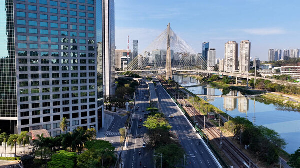 Pinheiros Road At Sao Paulo In Brazil. Downtown Cityscape. Cable Bridge. Highrise Buildings Landscape. Pinheiros Road At Sao Paulo In Brazil. Metropolitan Background. Sao Paulo Brazil.
