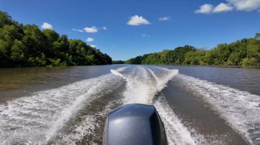 Maranhao Brezilya 'da Tutoia' da tekne turu. Parnaiba Delta Peyzajı. Seyahat gezisi. Maranhao Brezilya 'da Tutoia' da tekne turu. Amerika 'nın Safari Deltası. Mangrove Skyline 'da. Parnaiba Deltası.