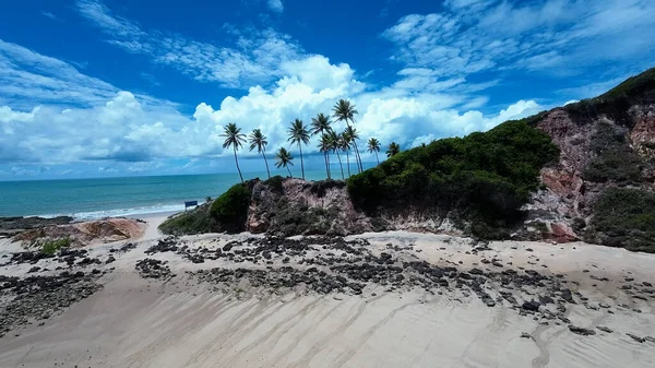 Joao Pessoa Paraiba Brezilya 'daki Coqueirinho Plajı. Turkuaz Okyanus Dalgaları Tropik Sahile Yavaşça Çarpıyor. Horizon Sahili Denizi kıyısında. Deniz kenarı seyahati. Joao Pessoa Paraiba.