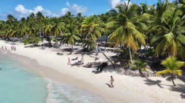 La Altagracia Dominik Cumhuriyeti 'ndeki Punta Cana' da Saona Adası. Plaj manzarası. Mavi Suluboya 'nın tonları. Seyahat güzergahı. Punta Cana 'daki Saona Adası Dominik Cumhuriyeti. Doğa Beyaz Kum Kumsalı.