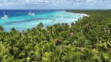 Punta Cana Dominik Cumhuriyeti 'ndeki Saona Adası Skyline' da. Plaj manzarası. Mavi Deniz 'in gölgeleri. Seyahat güzergahı. Saona Adası 'ndaki Skyline Punta Cana Dominik Cumhuriyeti.