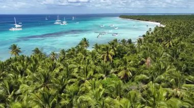 La Altagracia Dominik Cumhuriyeti 'ndeki Punta Cana' da Saona Adası. Plaj manzarası. Mavi Suluboya 'nın tonları. Seyahat güzergahı. Punta Cana 'daki Saona Adası Dominik Cumhuriyeti. Doğa Beyaz Kum Kumsalı.