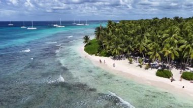 Punta Cana Dominik Cumhuriyeti 'ndeki Saona Adası' ndaki Beyaz Kum Plajı. Plaj manzarası. Mavi Deniz 'in gölgeleri. Seyahat güzergahı. Punta Cana Dominik Cumhuriyeti 'ndeki Saona Adası' ndaki Beyaz Kum Plajı.