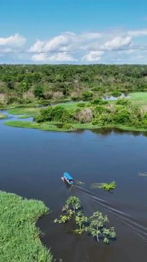 Amazon Nehri 'nden Amazon Ormanı' na giden tekne Brezilya 'nın Amazonas eyaletinde. Mangrove Ormanı. Mangrove ağaçları. Brezilya Amazon yağmur ormanları tabiatı. Amazon igapo su altındaki bitki örtüsü.