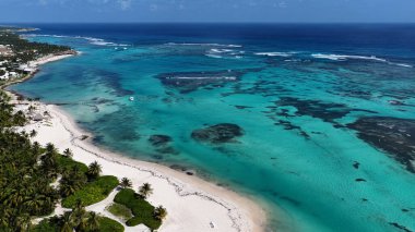 Punta Cana Skyline La Altagracia Dominik Cumhuriyeti 'ndeki Punta Cana' da. Karayip silueti. Plaj manzarası. Doğa Deniz Burnu. Punta Cana Skyline, La Altagracia Dominik Cumhuriyeti 'nde. Manzara Palmiye Ağaçları.