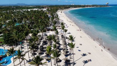 Punta Cana Skyline Punta Cana Dominik Cumhuriyeti 'nde Bavaro' da. Karayip silueti. Plaj manzarası. Doğa Deniz Burnu. Punta Cana Skyline, Bavaro, Punta Cana Dominik Cumhuriyeti. Manzara Palmiye Ağaçları.
