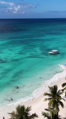 La Altagracia Dominik Cumhuriyeti 'ndeki Punta Cana' da Saona Adası. Karayip silueti. Plaj manzarası. Yerli Hindistan cevizi ağaçları. Dominik Cumhuriyeti, Punta Cana 'da Saona Adası. Doğa Deniz Burnu.