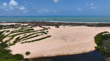 Rio Grande do Norte Brezilya 'daki Genipabu Plajı. Turkuaz Okyanus Dalgaları Tropik Sahile Yavaşça Çarpıyor. Ada Hayatı Manzarası Huzurlu Güzel. Huzurlu. Ekstremoz Rio Grande do Norte.