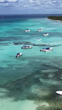La Altagracia Dominik Cumhuriyeti 'ndeki Punta Cana' da Saona Adası. Karayip silueti. Plaj manzarası. Yerli Hindistan cevizi ağaçları. Dominik Cumhuriyeti, Punta Cana 'da Saona Adası. Doğa Deniz Burnu.