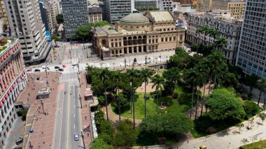 Sao Paulo Brezilya Belediye Tiyatrosu. Kuşlar, sokaklar ve binalarla çarpıcı şehir manzarasına bakıyor. Şehir Bulutları Gökyüzü Arkaplanı Şehir. Şehir dışındaki ünlü. Sao Paulo Brezilya.