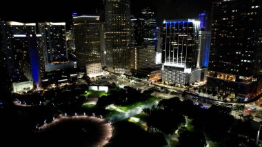 Night District In Miami Florida United States. Landmark Skyscraper Overlooking The Vast Urban Sprawl. Building Metropole Skyline Skyscrapers Stunning. Skyscrapers Night. Miami Florida.