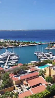 Bonaire Hollanda Antilleri 'ndeki Kralendijk' te Karayip Marina 'sı. Ada Sahili. Mavi Deniz Manzarası. Bonaire Hollanda Antilleri 'nde Kralendijk. Turizm arka planı. Doğa Deniz Burnu.