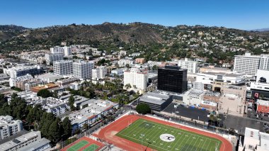 Hollywood Skyline Los Angeles 'ta Kaliforniya' da. Kuşlar, sokaklar ve binalarla çarpıcı şehir manzarasına bakıyor. Altyapı Skyline Gökdelenleri Şaşırtıcı.
