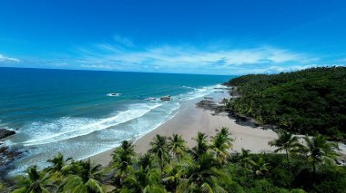 Itacare Bahia Brezilya 'daki Havizinho Plajı. Kristal berrak sularla sersemletici sahilin havadan görünüşü. Sahil Bulutları Yaz mevsimi. Coast Outdoor Panning Wide 'da. Itacare Bahia.
