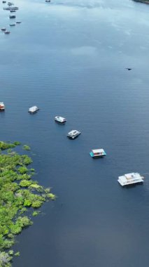 Amazon Ormanı 'nda Amazon Nehri' nin yüzen restoranları. Manaus Brezilya. Doğa, vahşi hayat manzarası. Yeşil arka plan. Amazonas eyaletindeki orman ağaçları. Turizm cazibesi. Seyahat hedefi.