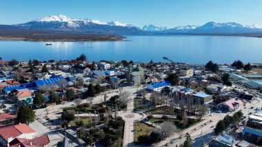 Torres del Paine Punta Şili 'deki gri buzul. Buzul Buzulları, kar kaplı dağlarla buzul gölüne dönüşüyor. Doğa Seyahati Karlı Orman Ağaçları.