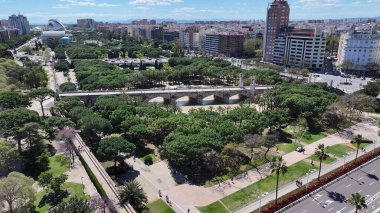 Valencia İspanya 'daki Turia Bahçeleri. Ünlü Botanik Bahçesi şehri geziyor. İş Bulutları Gökyüzü Şehir Merkezi. Panoramik Şehir. Valencia İspanya.