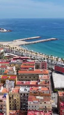 Barcelona Barcelona 'da Barceloneta Plajı İspanya' da. Çarpıcı şehir manzarası. Plaj manzarası. Highrise Binaları. Barselona İspanya 'daki Barceloneta Plajı. Doğa Arkaplanı. İspanya Skyline.