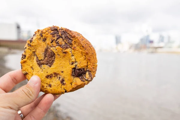 Hand hält einen Chocolate Chips Cookie mit verschwommenem Fluss als Hintergrund — Stockfoto