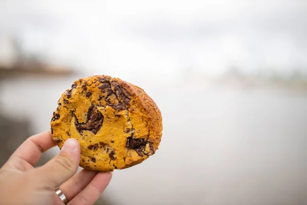 Mano sosteniendo una galleta de chispas de chocolate con un río gris borroso como fondo — Foto de Stock