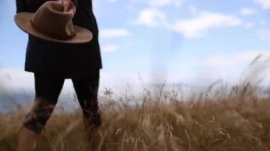 Woman Walking Joyfully Through Tall Dry Grass with a Blue Sky as Background