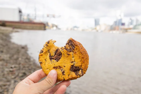 Mano sosteniendo una galleta de chispas de chocolate mordida con un río borroso como fondo — Foto de Stock