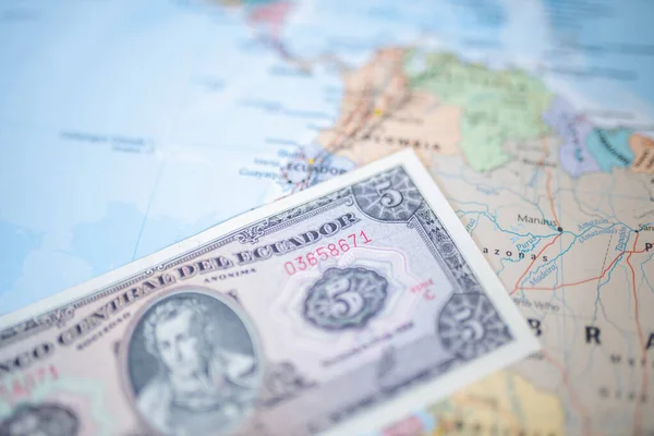 Ecuador on a South American Map with a Five Sucres Bill on Top — Stockfoto