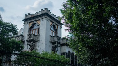 Mexico City 'deki bazı ağaçların arkasındaki ortaçağ görünümlü bina.