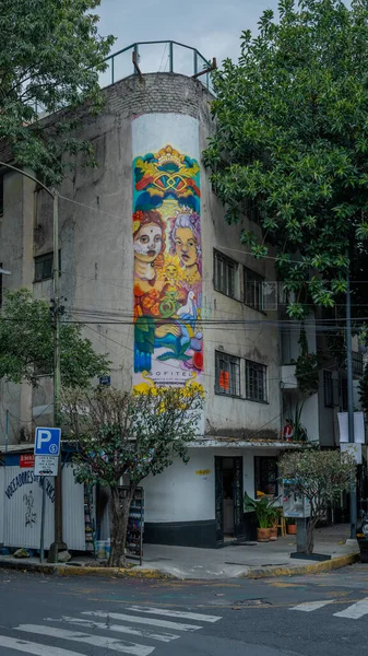 Mural colorido pintado no canto de um edifício na Cidade do México — Fotografia de Stock