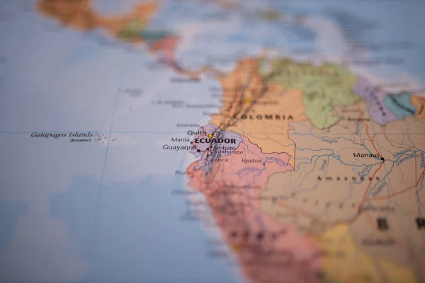 Ecuador on a colorful map of South America with its main routes in red — Fotografia de Stock