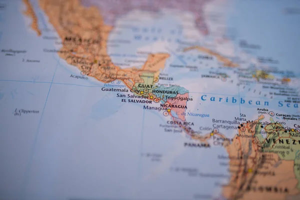 The countries from Central America on a colorful map with its main routes in red — Foto Stock