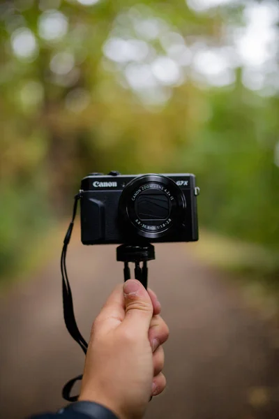 Портрет руки, що тримає камеру з розмитим лісом як тло — стокове фото