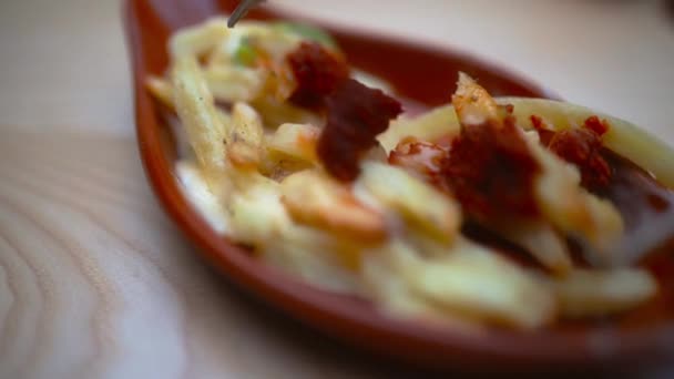 Extreme close up of french fries and sundried tomatoes with a fork above — Wideo stockowe