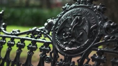Mexican Coat of Arms on a Classic Metal Bench at the Alameda Central