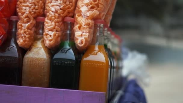 Mexican Fried Snacks and Colorful Slush Syrup Bottles — Stok Video