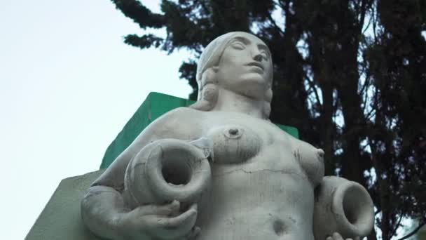 Socha nahé ženy na fontáně se stromy jako pozadí — Stock video