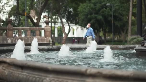 Estatua en una fuente redonda en medio de un parque con gente que pasa — Vídeos de Stock