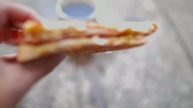 Hand moving a cheese and ham sandwich closer to the camera until is in focus