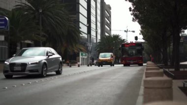 Şehir merkezinden gelen ağaçlarla çevrili bir caddede trafik var.