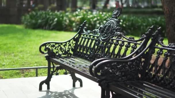 Bancs métalliques classiques au parc public central d'Alameda — Video