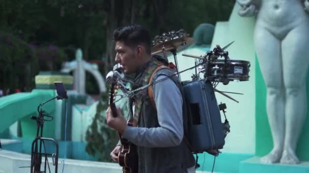 Man Playing Several Instruments at Once With a Fountain as Background — Wideo stockowe