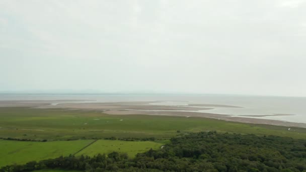 Aerial Landscape View of a Skyline over a Vast Grassland alongside the Wet Sand — Αρχείο Βίντεο