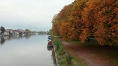 Sonbahar ağaçlarının hava manzarası bulutlu bir gökyüzünün altında nehir kıyısında.