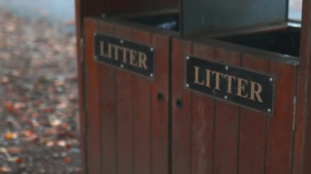 Two litter bins surrounded by autumn leaves and vehicles passing by behind them — Wideo stockowe