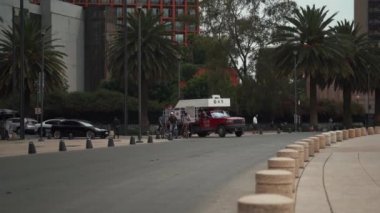Şehir merkezinden gelen ağaçlarla çevrili bir caddede trafik var.