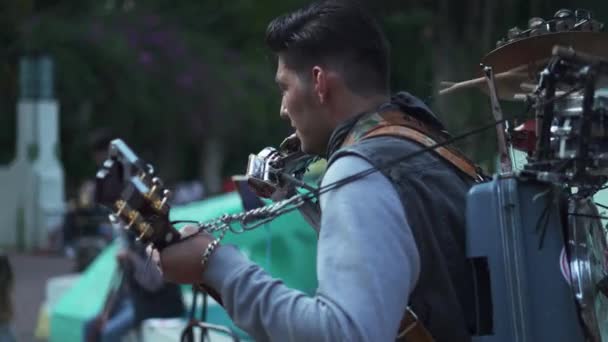 Mens die meerdere instrumenten tegelijk bespeelt met bomen als achtergrond — Stockvideo