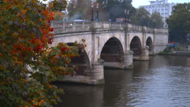 Veduta paesaggistica di un ponte di cemento su un fiume e con veicoli in corso su di esso — Video Stock