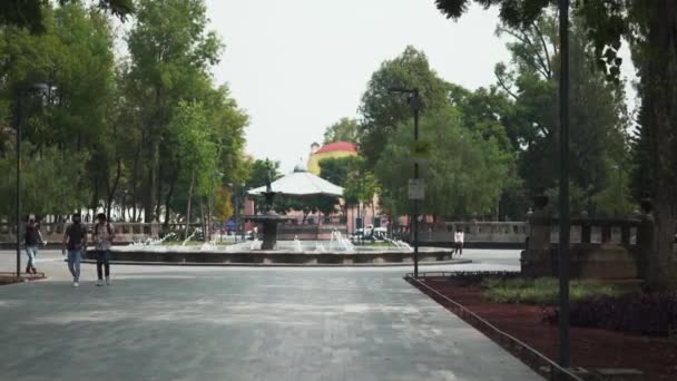 Fuente redonda en medio de un parque con gente caminando — Vídeos de Stock