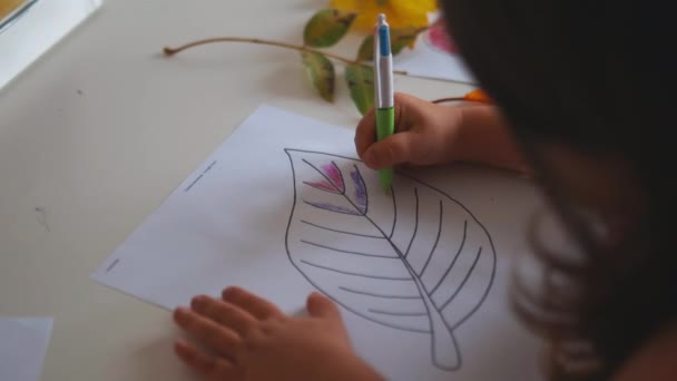 Liten jente som fargelegger et stort bladbilde på et papirark med penn – stockvideo
